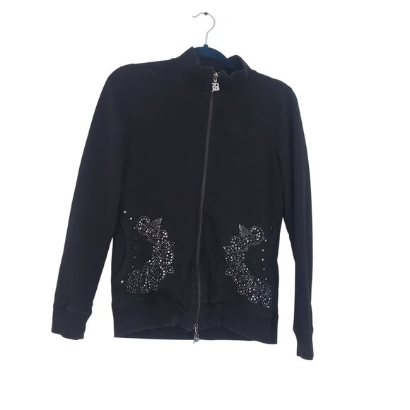 BCBG Maxazria Womens Y2K Black Rhinestone Studded Track Jacket Size M Bling - Picture 1 of 12